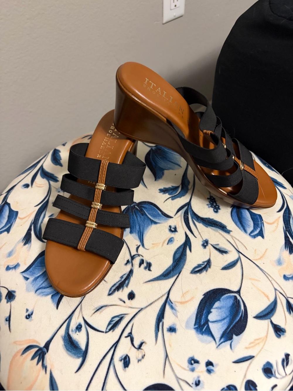 Italian Shoemakers Black Strappy Wedge Sandal with Brown Footbed